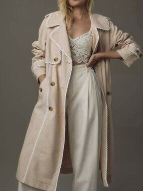 Avec Les Filles Lace Linen Trench Coat Peachy Cream Belted Size Small